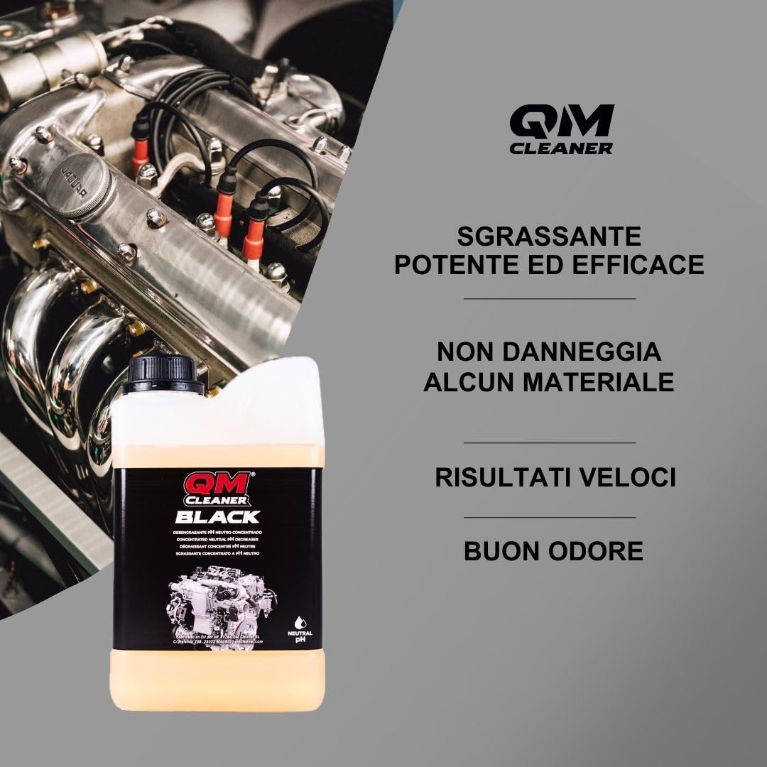 QM Cleaner Black 2 Litri | Sgrassante concentrato Non Acido - Motori, Catene, trasmissioni, frizioni - Diluibile Fino al 25% - Adatto per Lavaggio ad ultrasuoni
