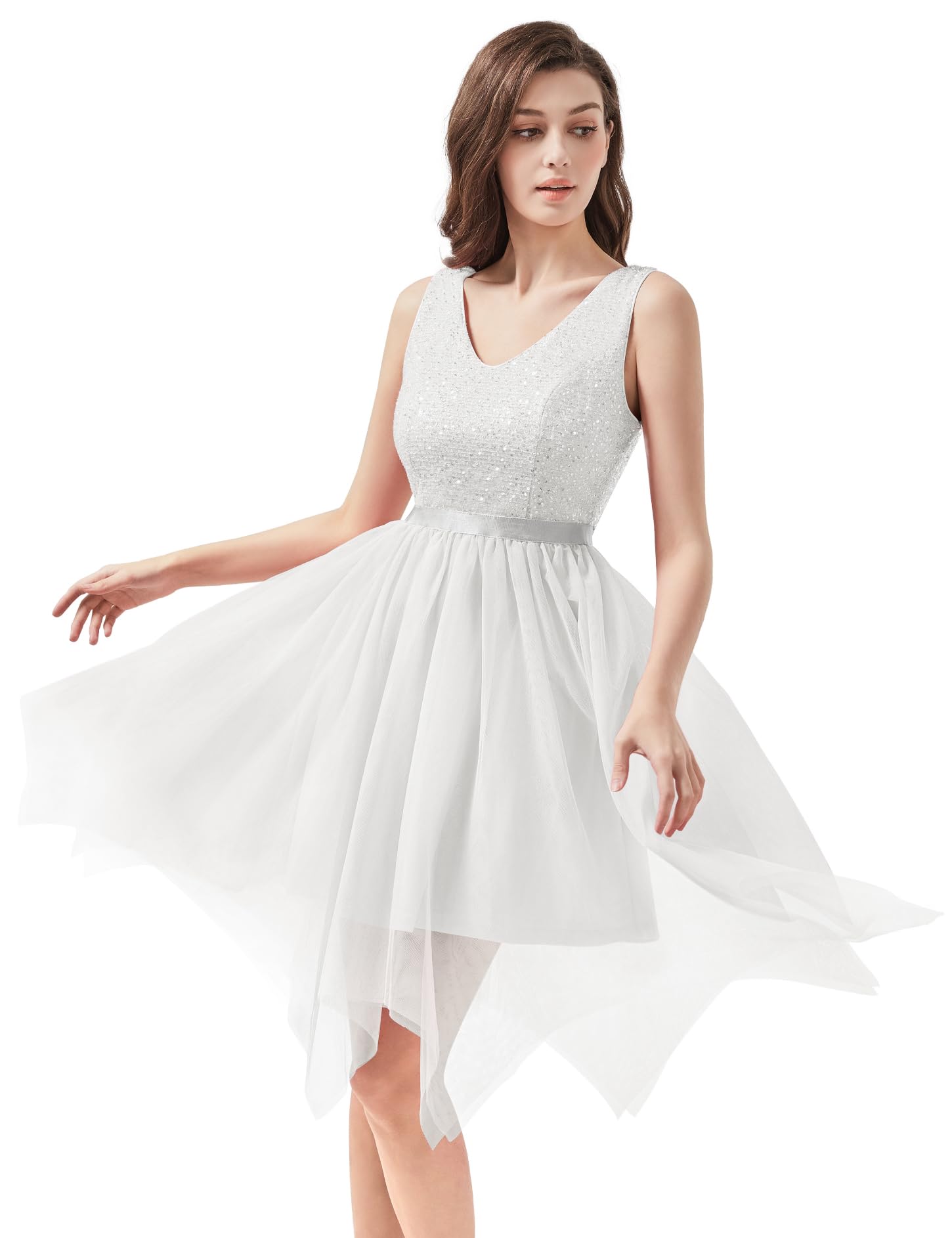 MUADRESS Women Prom Sequin Dress Party Sleeveless V Neck Cocktail Dress Short Tulle Homecoming Teen Dress