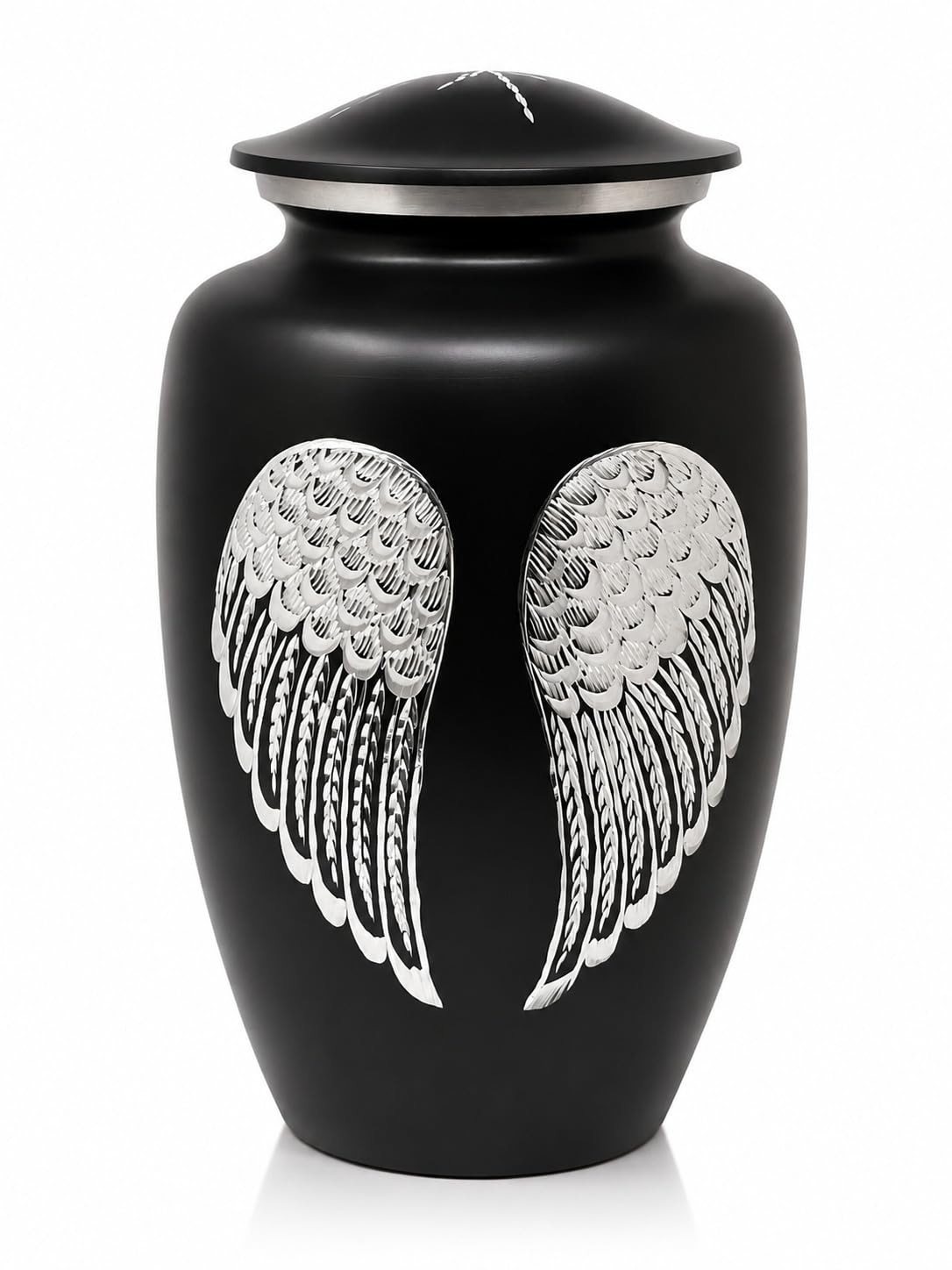 Cremation Urn for Human Ashes, Large Adult Aluminium Memorial Urn with Engraved Angel Wings, Shimmering Silver Blade-Stroke Design, Decorative Funeral Urn for Ashes, Burial or Home Memorial