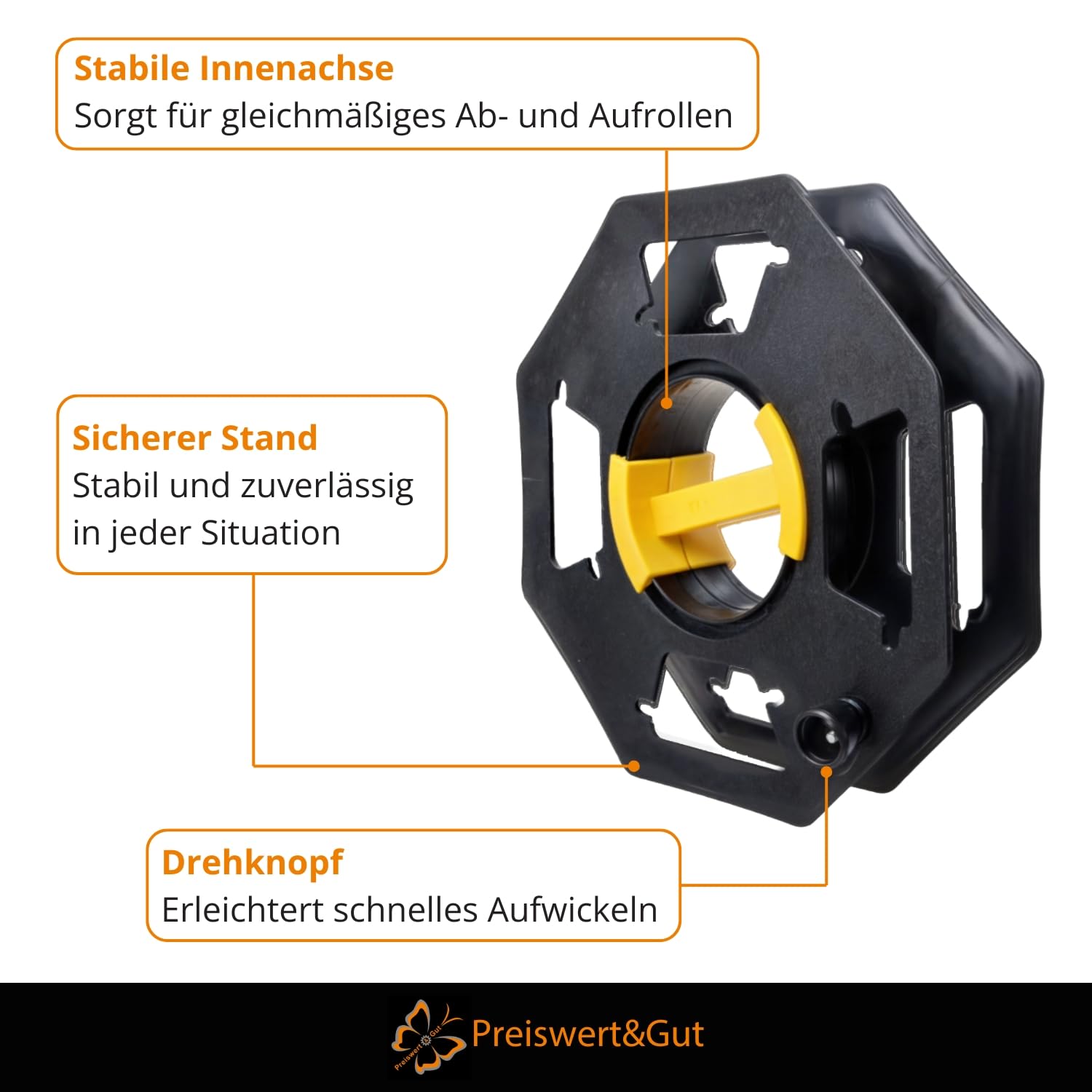 Preiswert&Gut 2x Kabeltrommel leer Set mit Drehknopf - Kabelaufroller und Schlauchtrommel für CEE Kabel Gartenschlauch Seil - Innenachse 13,2 cm Kunststoff schwarz gelb
