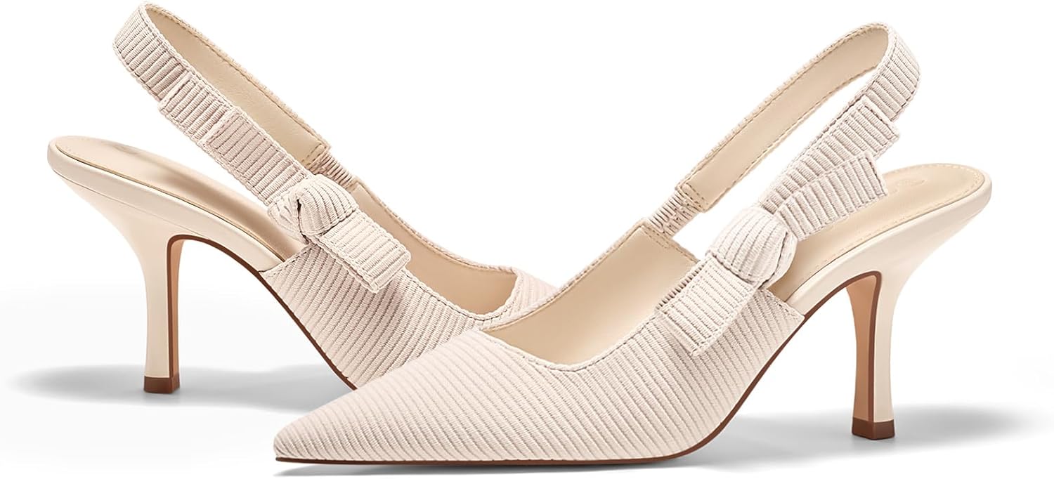 Coutgo Womens Slingback Kitten Heels Closed Pointed Toe Bowknot Knitted Slip On Work Pumps Dress Shoes - Image 5