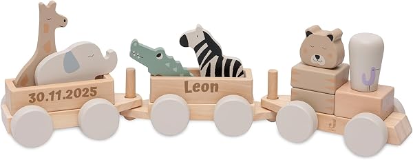 Holzzug personalisiert mit Name & Datum – FSC Holz – Geschenk zur Geburt, Taufe & Geburtstag – Holzeisenbahn Baby ab 18 Monate – Beidseitige Gravur – Motorikspielzeug mit Tieren