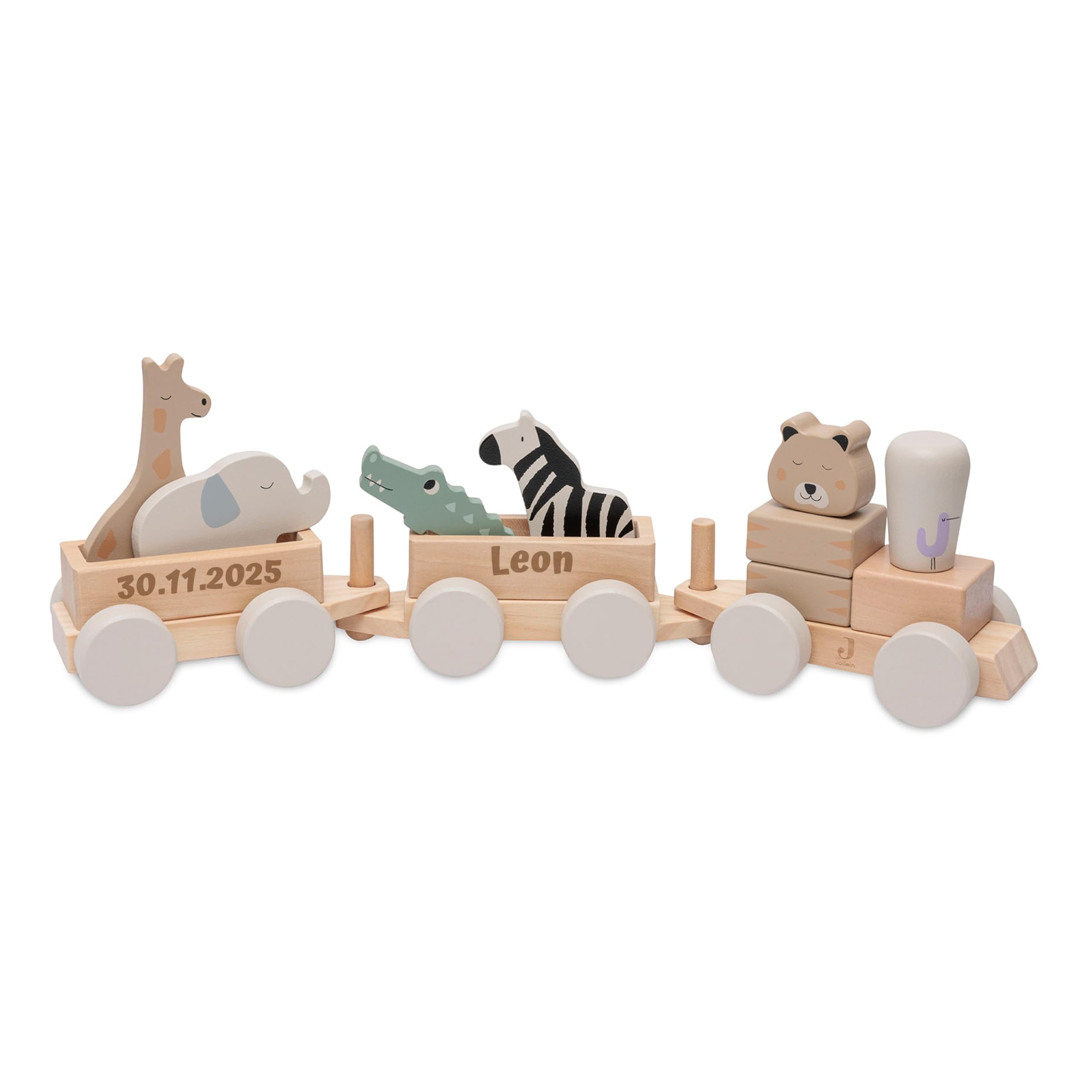 Holzzug personalisiert mit Name & Datum – Jollein FSC Holzspielzeug ab 18 Monate – Made in Germany – beidseitige Gravur – Geschenk zur Geburt & Taufe – Motorikspielzeug mit Tieren