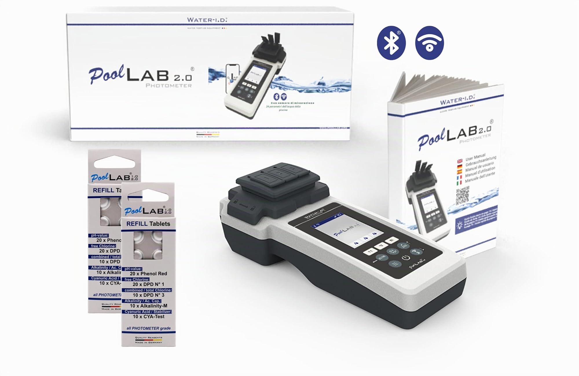 PoolLab 2.0 con 70 compresse di prova e "EXTRA Refill Pack" Special Edition per MediMuc – 24 parametri – App, software – misurazione fino a 3 parametri in un unico test