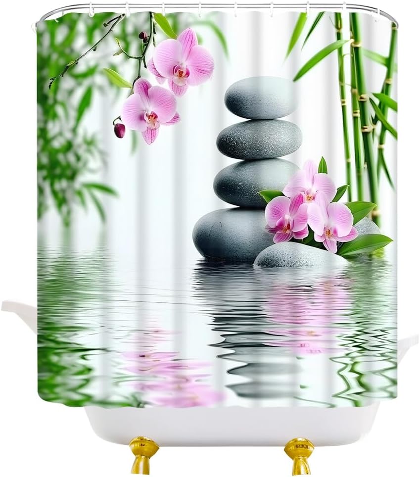 Zen Stone Shower Curtain Japanese Spa Garden Bamboo Leaves Flowers Asian Meditation Fabric Bathroom Decor Curtains with Hooks, 70" Wx75 H