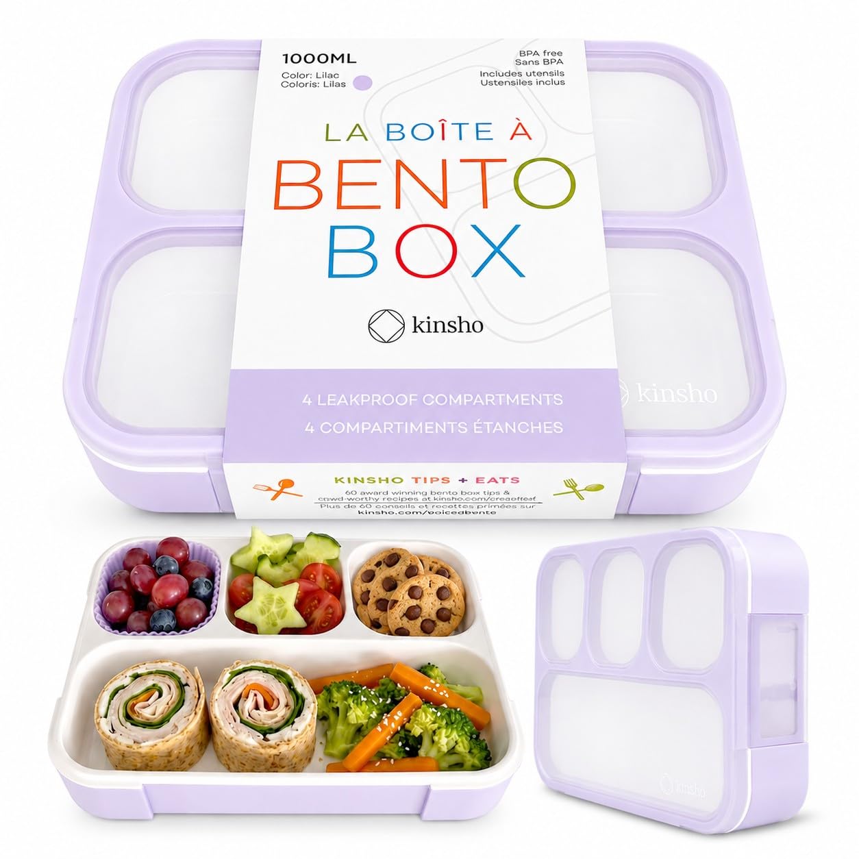 kinsho Bento Lunch Box for Kids Women Adults Girls School Work | Snack Containers for Toddlers Tweens | 4 Divided Sections for Portion Control includes Utensils BPA Free | Purple