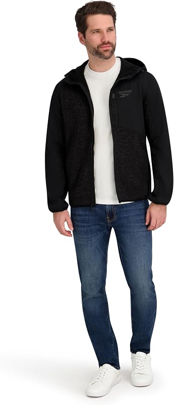 Reebok Mens Full Zip Hooded Sweater Fleece Jacket, Black, S image 2