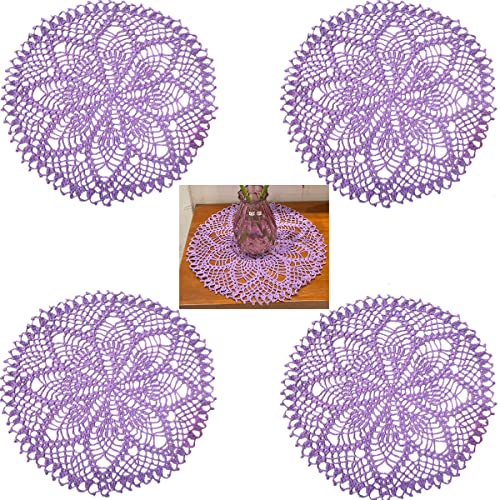 BIBITIME Kitchen Crochet Table Doilies Vase Mats Round Flower Doily Handmade Placemats (15 inches to 16 inches-4PCS, Purple)