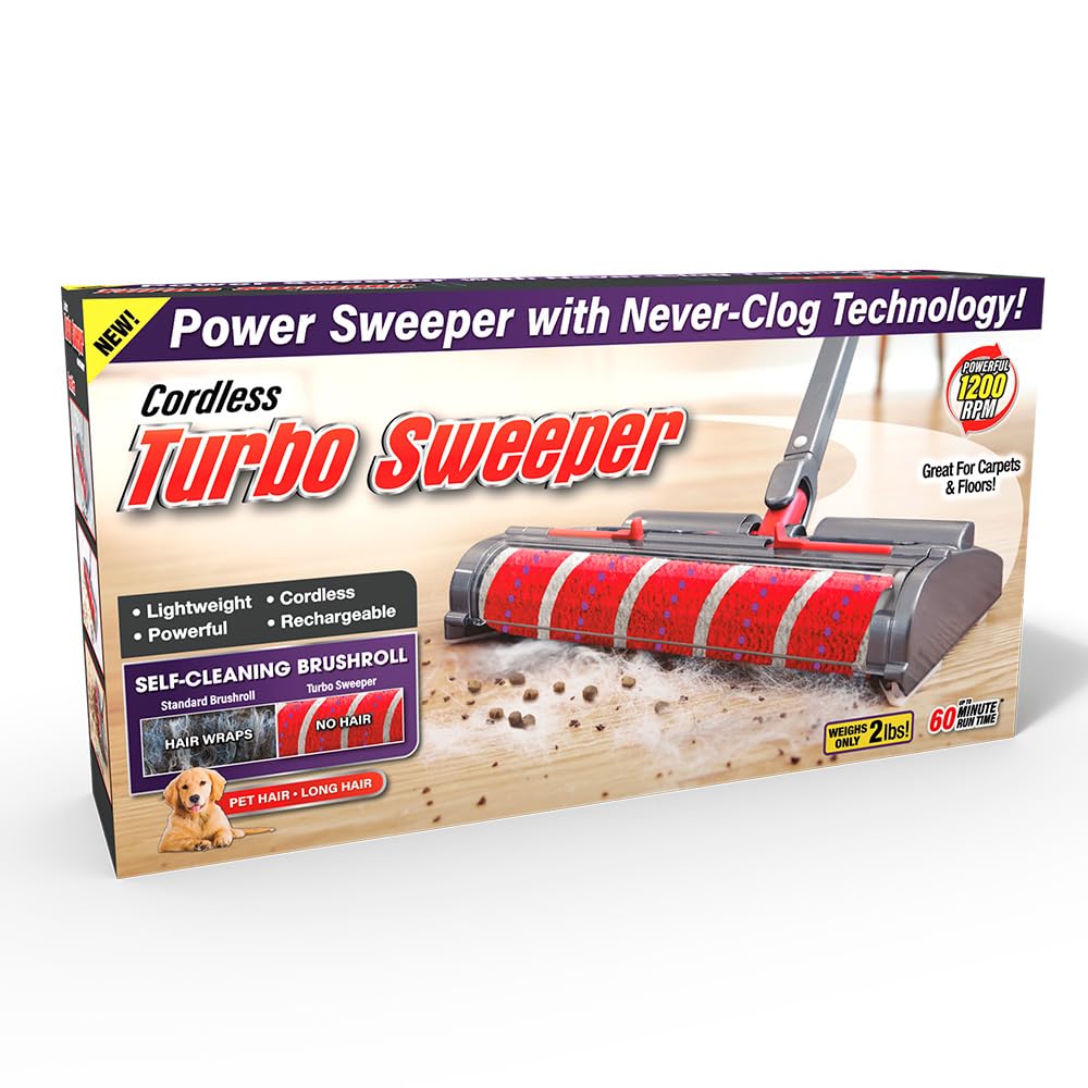 Escoba eléctrica Ontel Turbo Sweeper con motor de 1200 RPM, barredora giratoria antiobstrucción, giro de 360 grados, funcionamiento inalámbrico de 60 minutos, limpieza de pisos de madera, baldosas y alfombras.