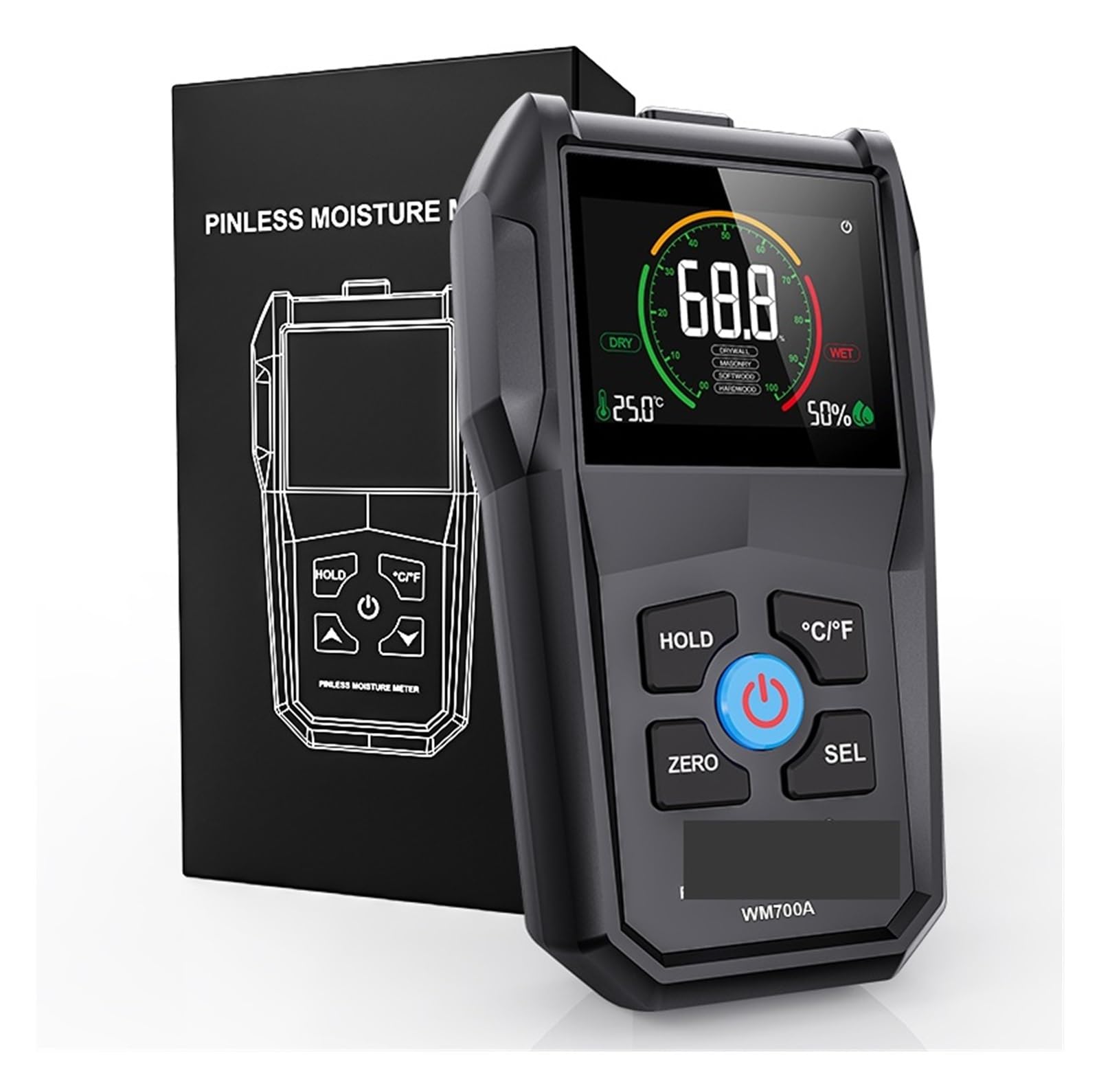 Mnmioio Wm700a Digital Moisture Tester, Color Screen Non-Contact Wood Moisture Meter Environmental Humidity Temperature Detection Detector(Wm700a)