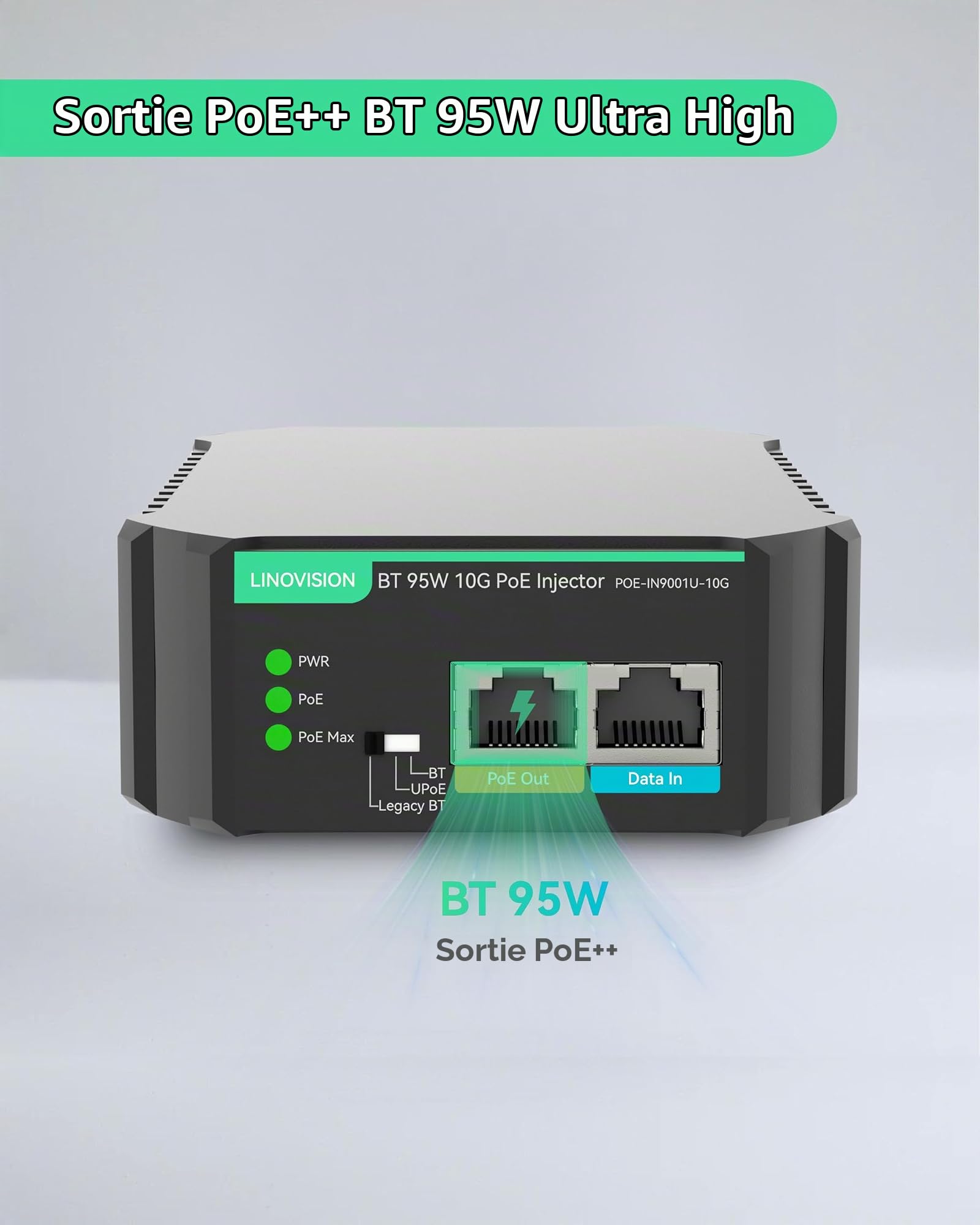 LINOVISION Injecteur POE++ Industriel, 95W, 10G BT, IEEE802.3af/at/BT, entrée AC 100-240V