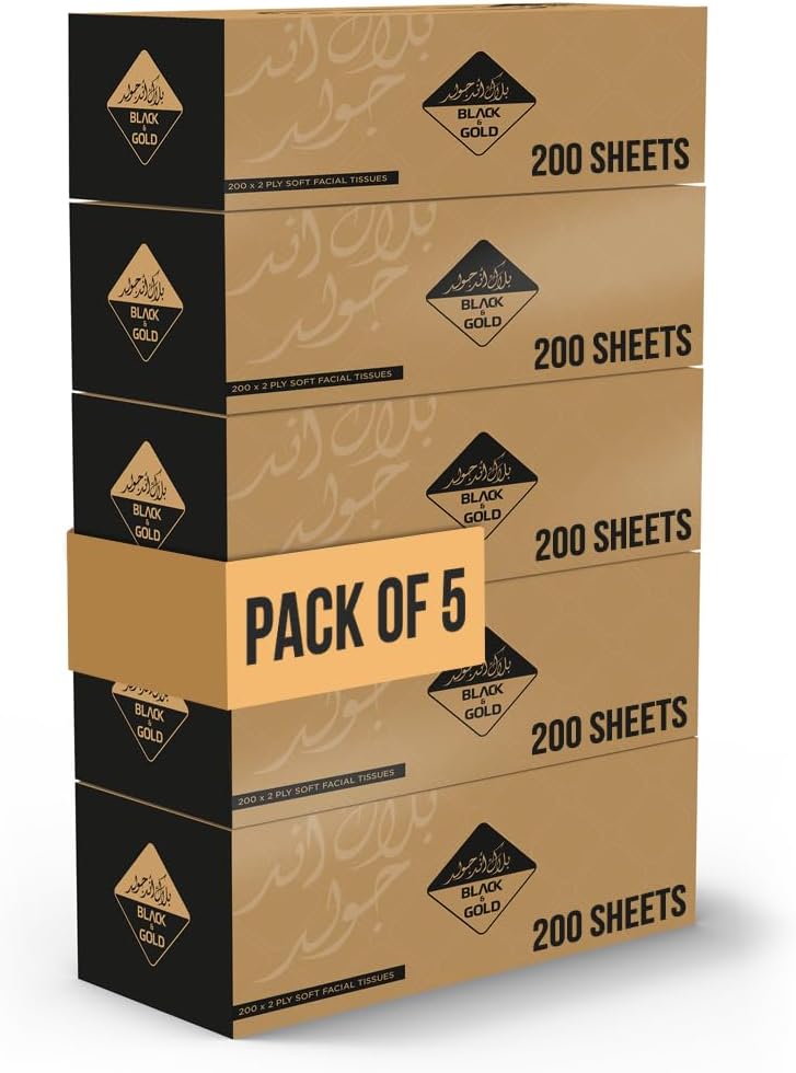 Facial Tissue Black & Gold Box - 5 Packs of 200 Sheets - Contains 1000 Premium 2 Ply Tissues