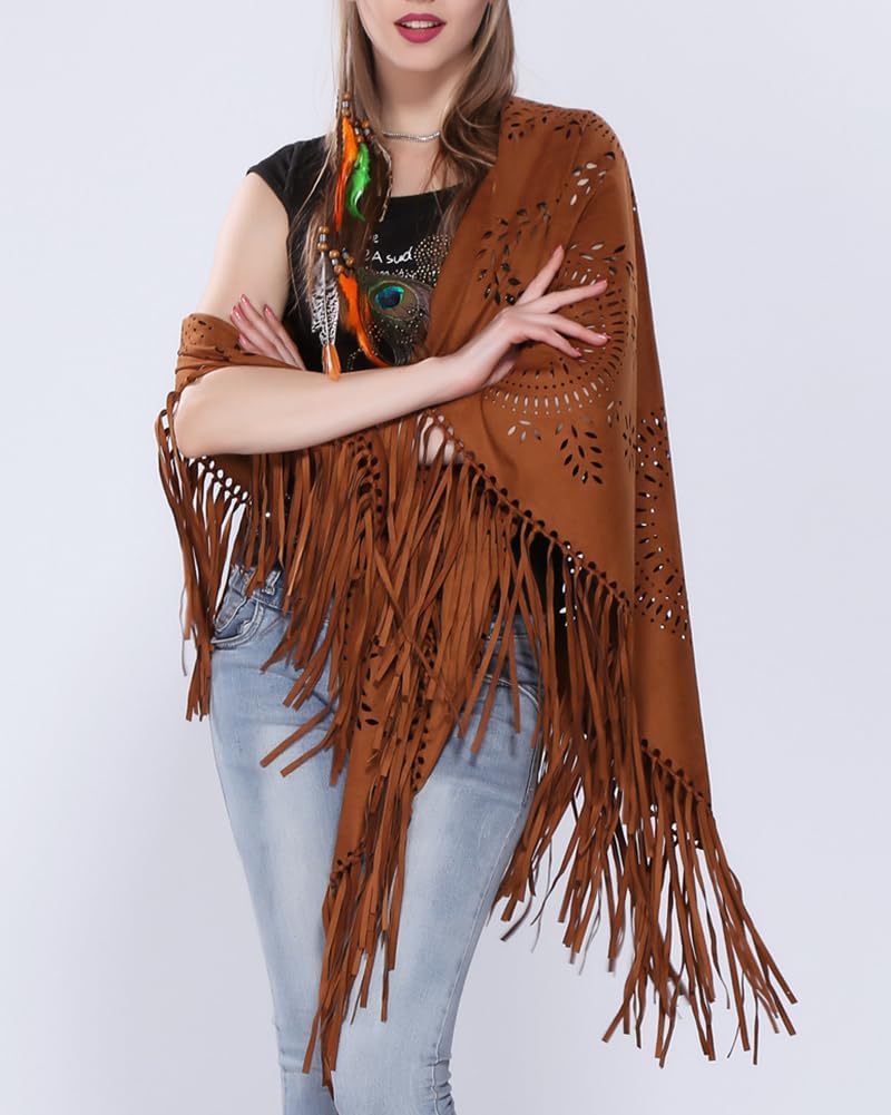 Women's Faux Suede Shawls Fringe Lace Wraps Triangle Scarf Poncho Capes Tassel Open Front Blanket Cardigan Coat - Image 6