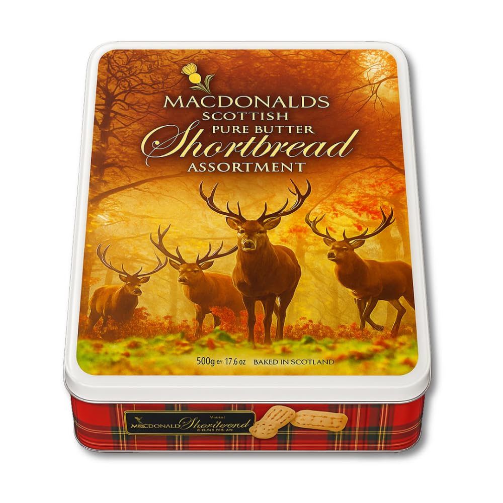 MacDonalds Scottish Pure All Butter Shortbread Assortment Tin 500g - Luxury Stag Design packaging - Baked in Scotland - Traditional Christmas Gift