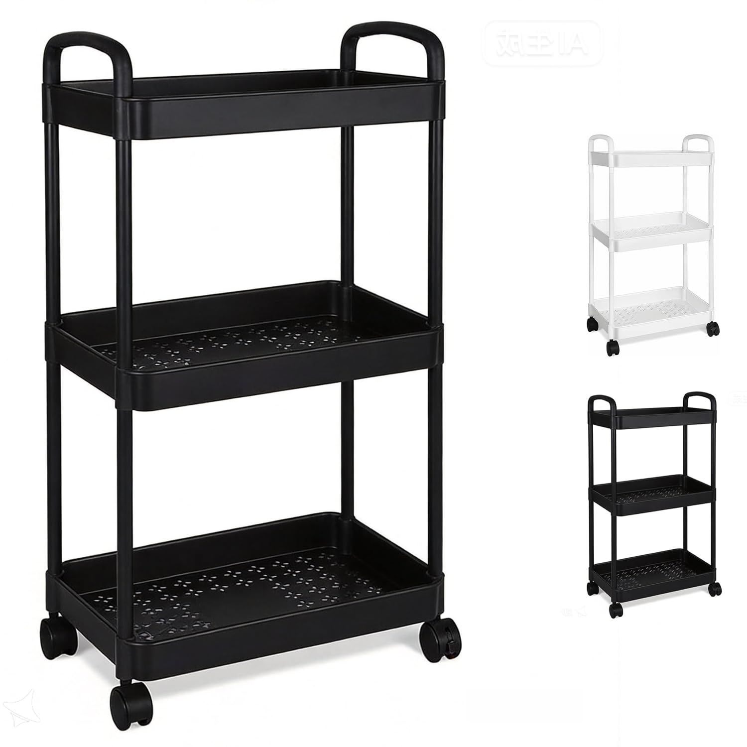 hjwanyin 3 Tier Storage Trolley on Wheels Kitchen Trolleys with Handle for Book Beauty Craft Trolleys Rolling Utility Storage Cart for Room Bathroom Office, Space Rack Space-Saving Mobile (Black)