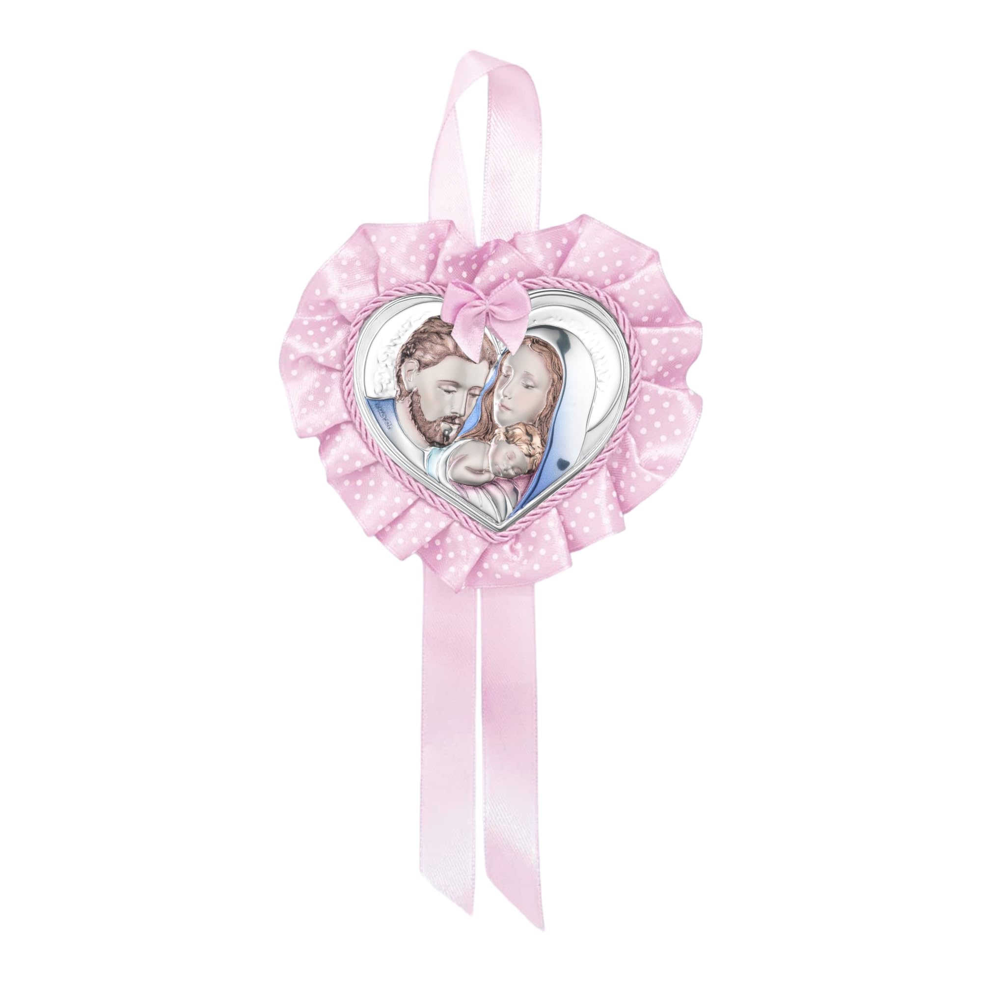 Albalù Sopraculla Medaglione Cuore Sacra Famiglia Rosa Argento Laminato Colorato - Misure 25x12cm Circa - Made in Italy Regalo Mamma e Bebe