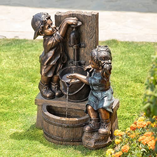 Image of Glitzhome Outdoor Water Fountain with LED Light, Children Playing with Faucet Waterfall Fountains, Antique Bronze Resin Boy and Girl Statue Outdoor Waterfall Fountain for Patio Backyard Garden, 25 inchH