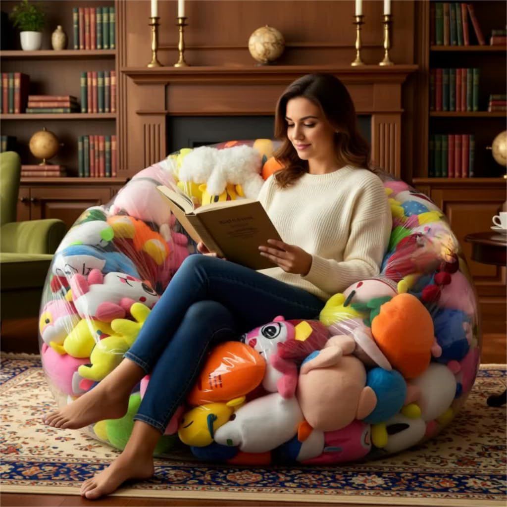 Clear Stuffed Animal Storage Bean Bag Chair Cover for Kids,Extra Large Beanbag Chair Cover with Zipper,PVC Bean Bag Chair Plush Toys Storage & Organizing (Transparent, 100*60cm/39.37*23.62in)