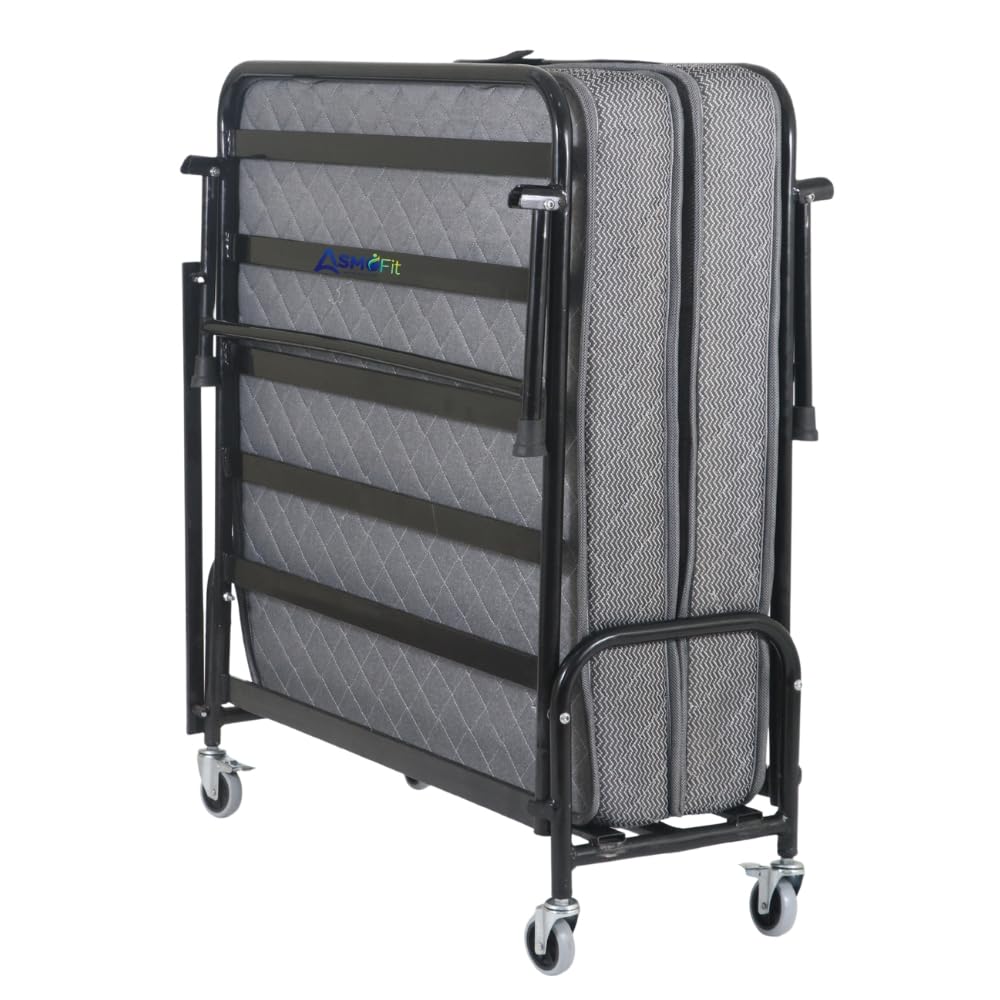 Asmofit Rollaway Folding Bed with 6-Inch Mattress – Portable Single Guest Bed with Epoxy Coated Carbon Steel Frame, Foam Mattress & Lockable Wheels (Black) ''100% Made in India''-image-46