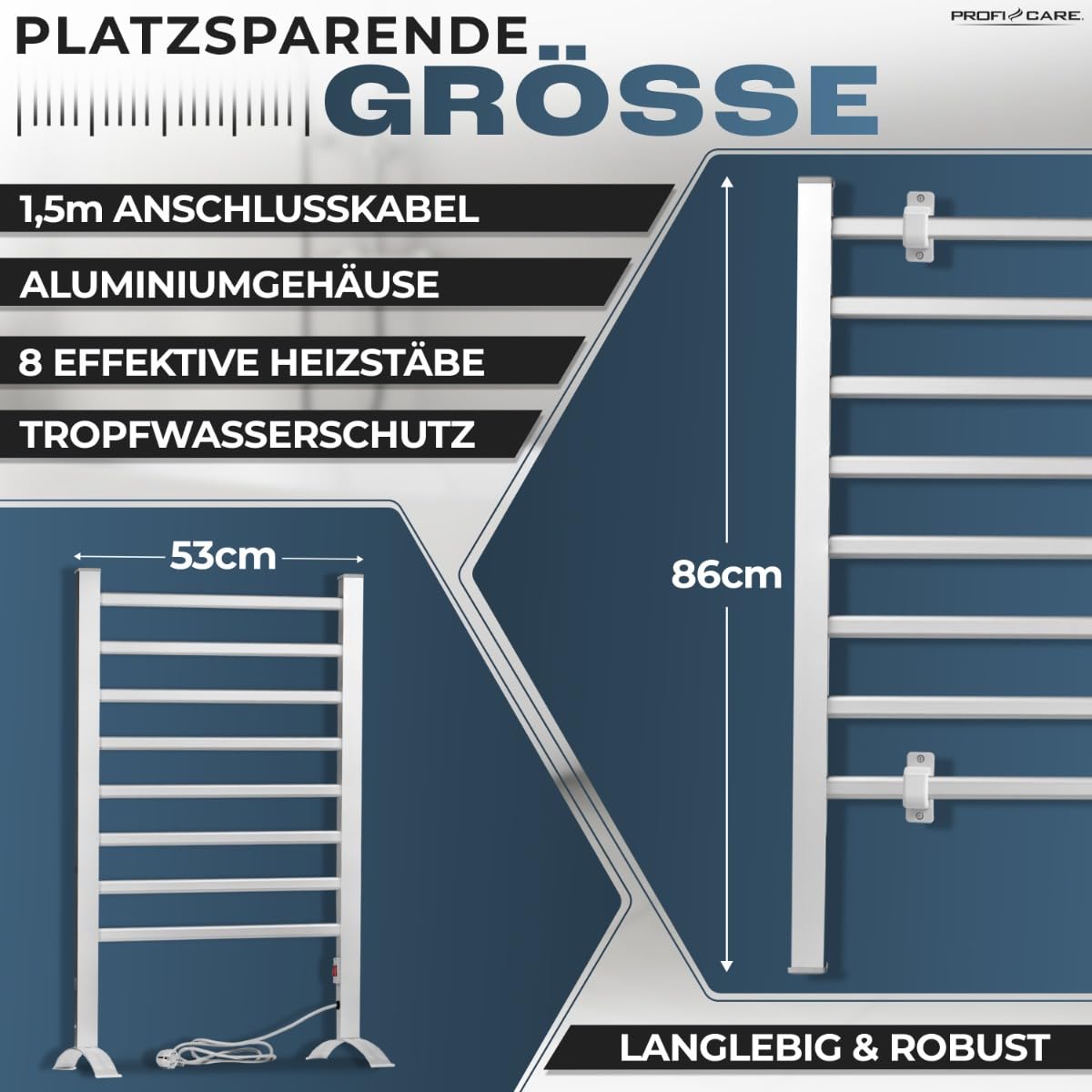 ProfiCare Chauffe-serviettes électrique | Porte-serviettes & sèche-serviettes pour salle de bain | incl. Matériel de montage & pieds | sans perçage | Radiateur silencieux | Câble de 1,5m | PC EHW 3115