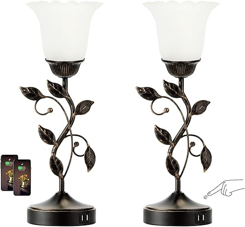 RORIANO Juego de 2 lámparas táctiles vintage con 2 puertos USB, lámparas de flores regulables de 3 vías, pantalla de vidrio blanco, lámpara de hojas