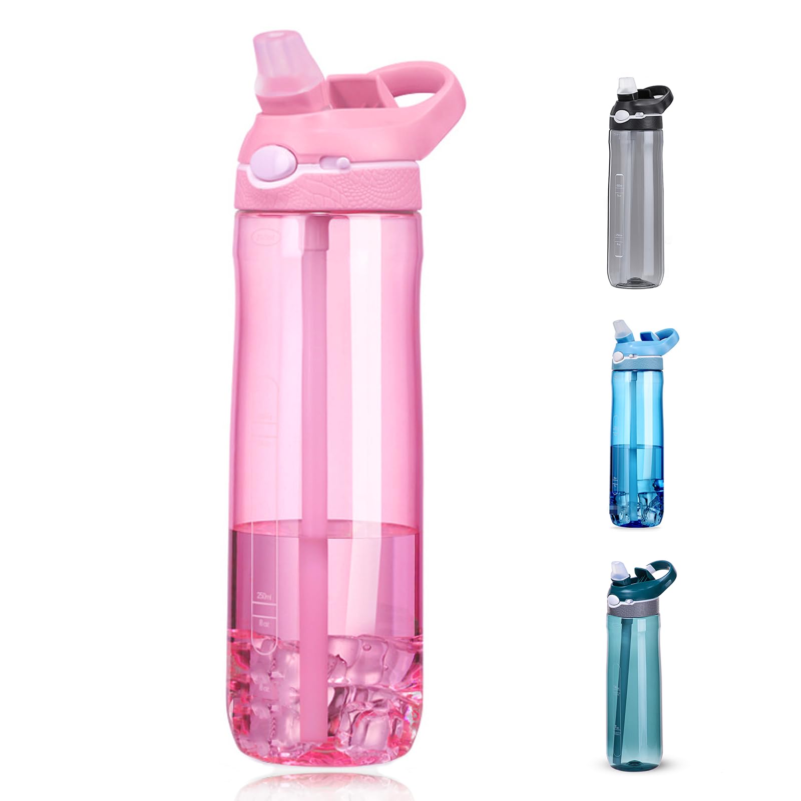 DEARART Wasserflaschen mit Strohhalm, 100 % auslaufsicher, BPA-frei, versteckte Düse, Klappdeckel, transparente Wasserflasche mit Griff, breite Flasche, leicht transparent, geeignet für Büro,