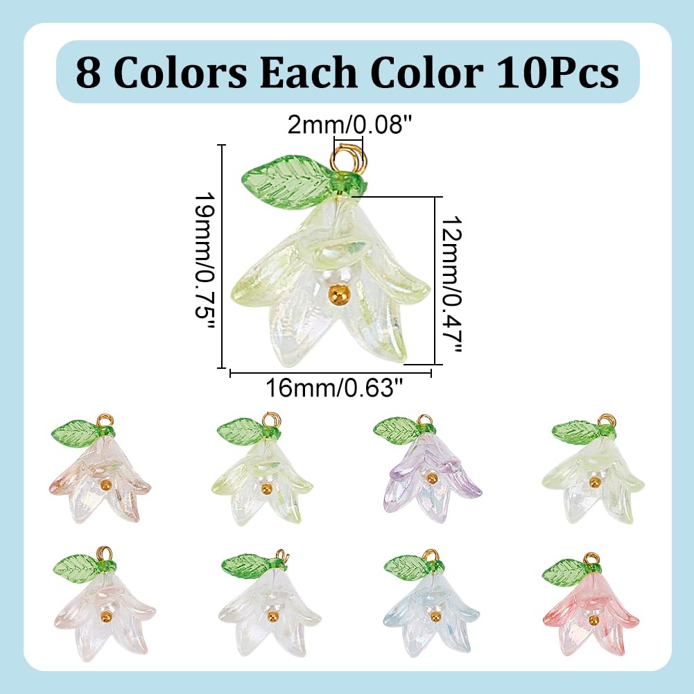 arricraft 60 Pcs 8 Colors Glass Flower Charms,19mm(0.75inch) Colorful Crystal Flower Pendant with Pearl Clear Acrylic Floral Charms Trumpet Flower Beads for Jewelry Making Craft - Image 2