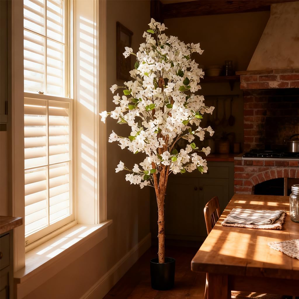 Lifelike Artificial Trees Bougainvillea with Natural Wood Trunks, Silk Faux Bougainvillea Trees with Silk White Flowers, Home Decor Indoor for Living Room, Porch, Office (5FT)