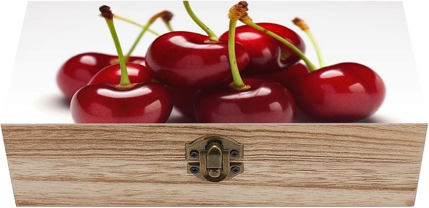 Chilean Cherries Memory Jewelry Wooden Box, Large Wooden Treasure Chest Boxes with Hinged Lid, Photos Storage Case for Women Men, Wooden Keepsake Box, 7.9'' X 3.9'' X2.3''