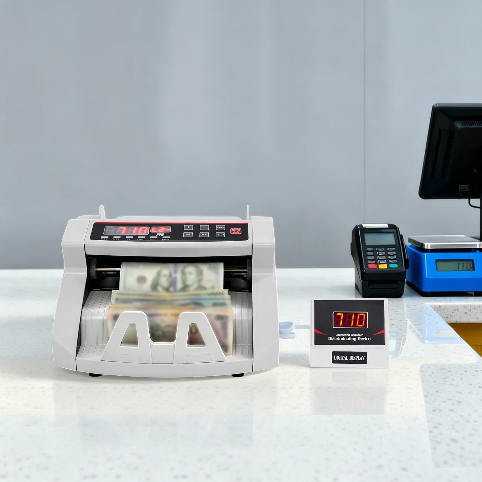 Contabanconote Professionale con Display LED, Rilevamento UV e Magnetico per Banconote False, Velocità 1000 Banconote/min, Capacità 200 Pezzi, per Euro Dollari e Sterline, Bianco