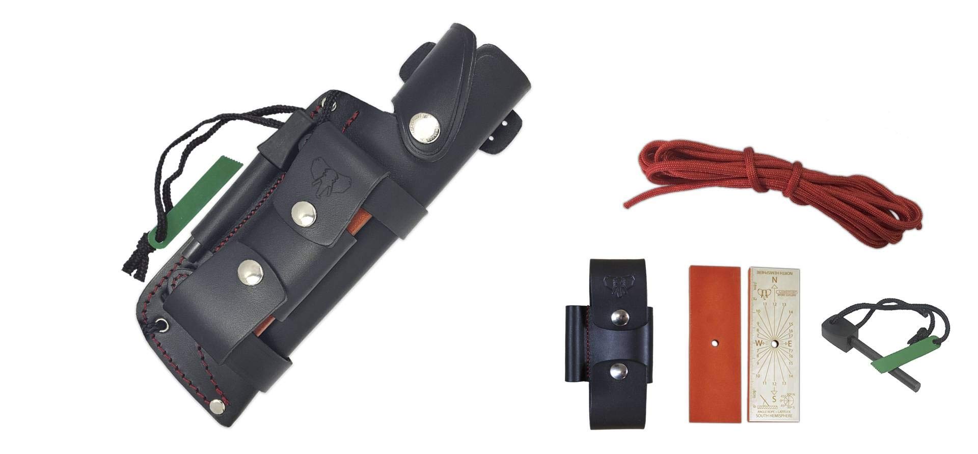Cudeman Cuchillo 155-MC Entresierras + Kit completo supervivencia hoja de acero inoxidable ACX-380 de 16 cm empuñadura de micarta negra de 11 cm para caza, pesca, supervivencia y bushcraft