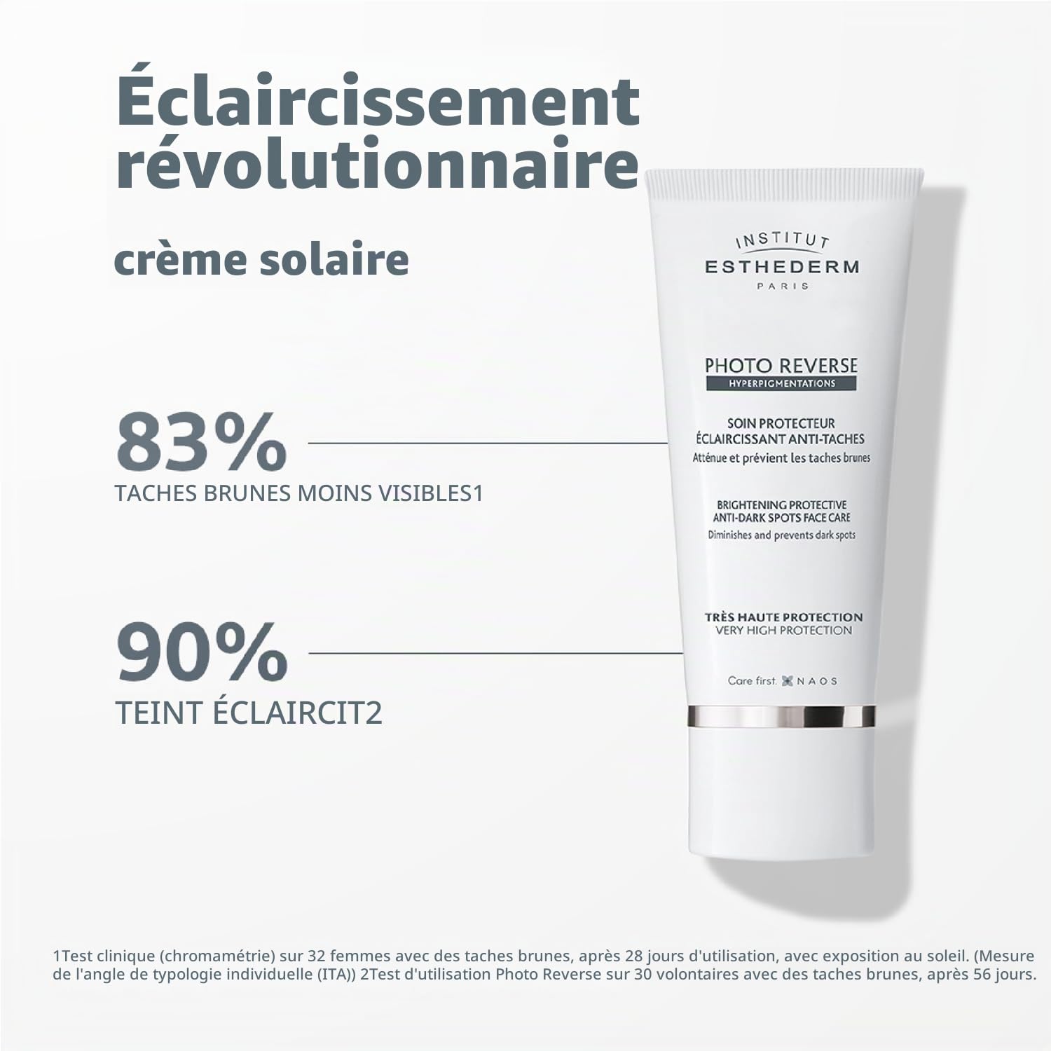 Institut Esthederm - Soin Photo Reverse Très Haute Protection - Crème Éclaircissante - Anti-Taches - Atténue et Prévient les Taches Pigmentaires - Teint Uniformisé - Tube de 50 ml