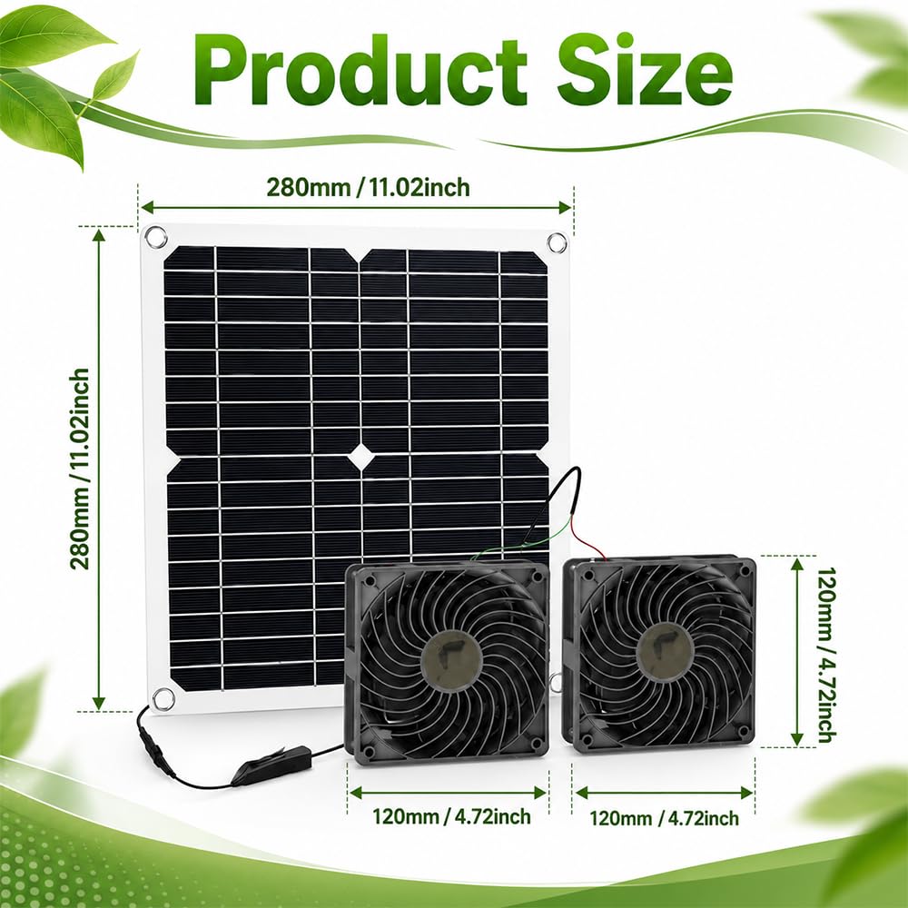 Solar Ventilator Gewächshaus, 16W Solarlüfter Gartenhaus mit DC Doppelventilator, Ventilator Solarbetrieben mit Saugnapf und Haken für Kleine Hühnerställe, Fenster Auspuff, Gewächshaus Zubehör