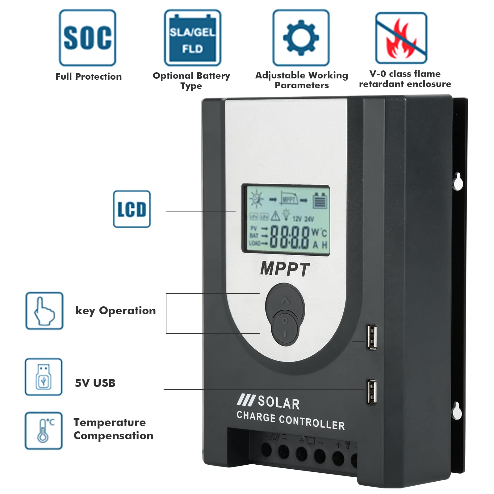Regolatore Di Carica Solare PWM 12V/24V, 20A - Doppia Uscita USB, Per Pannelli Solari | Display LED, Dissipazione Alluminio - Foto 6
