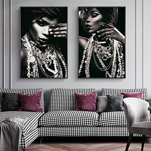 Pósteres e impresiones Mujer negra africana con joyas Pinturas en lienzo Cuerpo plateado Arte de la pared Imágenes Decoración para el hogar 80x110cm (32x44in) x2 Sin marco Cover