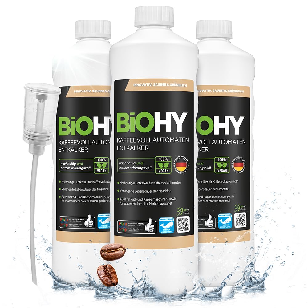 BiOHY Descalcificador de cafetera (3 botellas de 1 litro) + Dosificador | Ideal para descalcificar todas las cafeteras y máquinas de espresso | Apto para todas las marcas conocidas (Kaffee Entkalker)