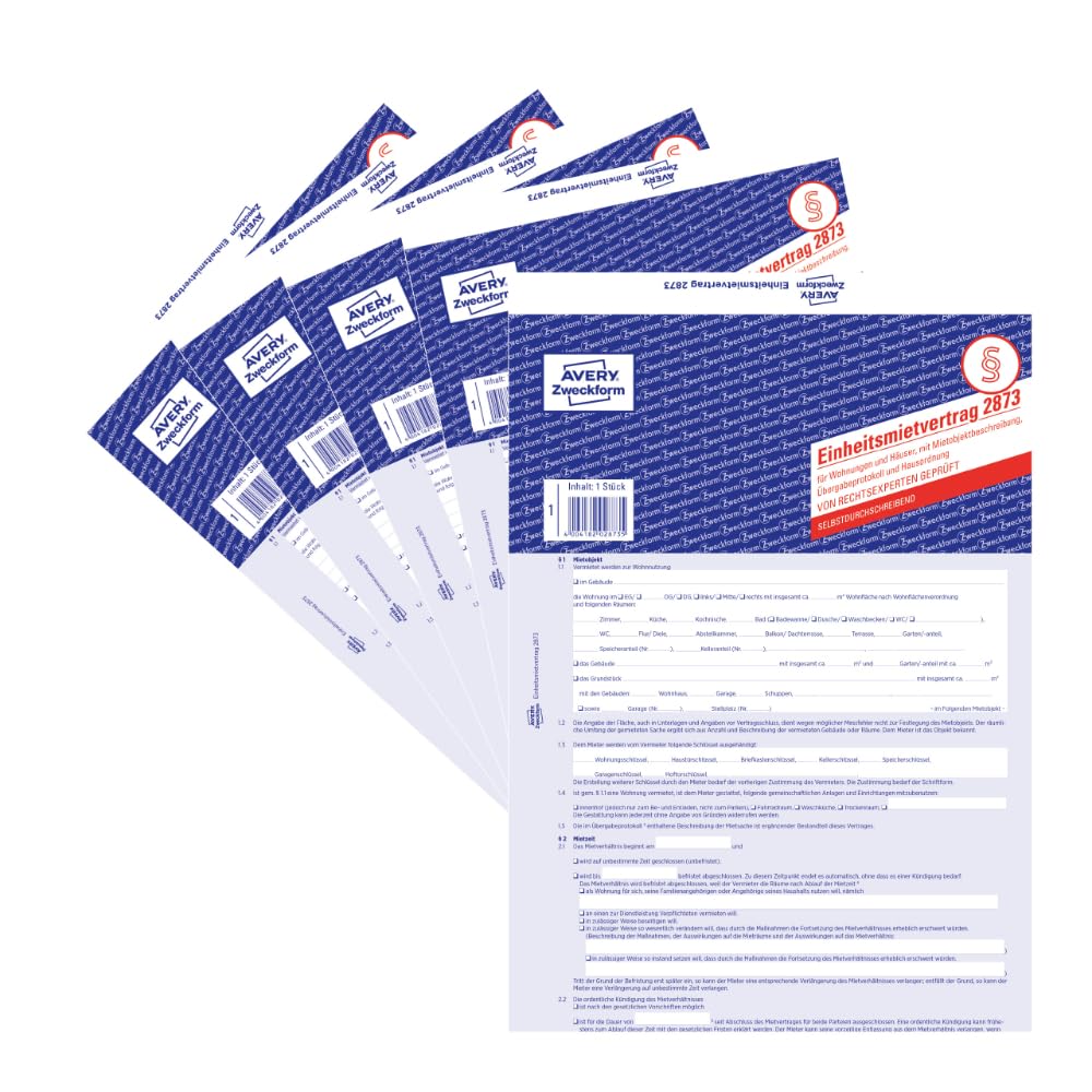 AVERY Zweckform 2873-5 Mietvertrag für Wohnungen und Häuser (Einheitsmietvertrag mit Übergabeprotokoll und Hausordnung, 5-seitiges Formular in A4, selbstdurchschreibend) 5 Stück, blau