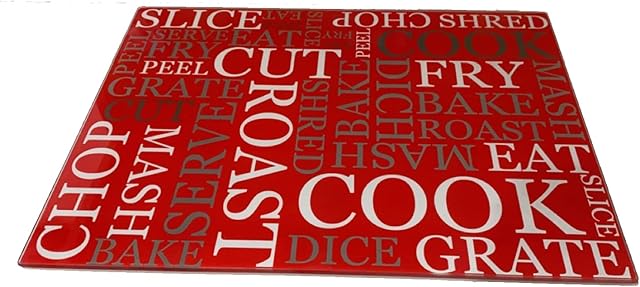 Acense Tempered Glass Worktop Saver, Toughened Glass, Smooth Edges, Rounded Corners, Chopping Board, Non-Slip Rubber Feet, Multi-Purpose, Stain-Resistant 40 x 30 cm (Red with White Writing)