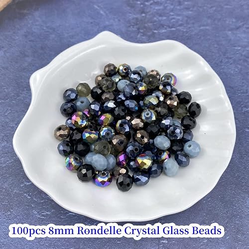 Miniatura 2 de 100 piezas de cuentas de cristal de vidrio facetado de 8 mm con orificio para pulseras, collares, aretes, joyería DIY, manualidades (Serie Negra)
