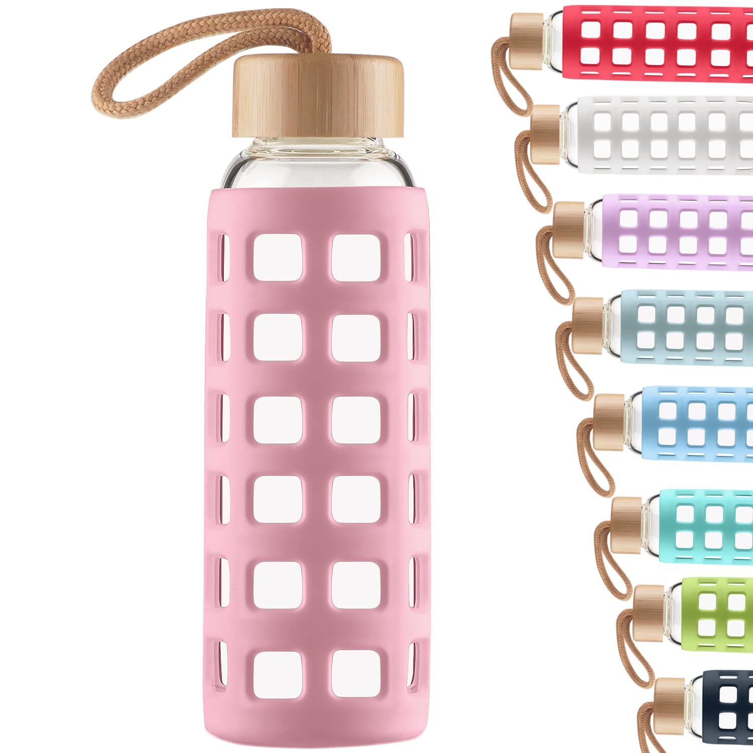 Cleesmil Sports Glass Water Bottle with Silicone Sleeve with Bamboo Lid BPA Free 360 ml (Rose)