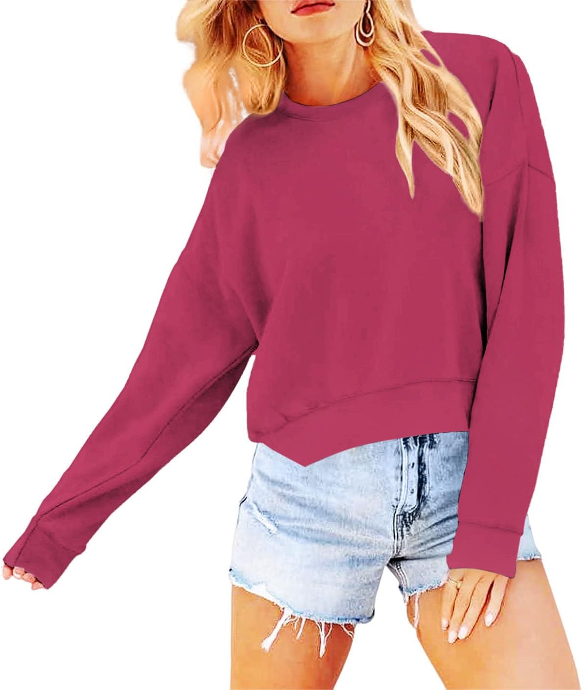 Women's Long Sleeve Round Neck Cropped Sweatshirts Cute Loose Fit Pullover Tops - Image 2