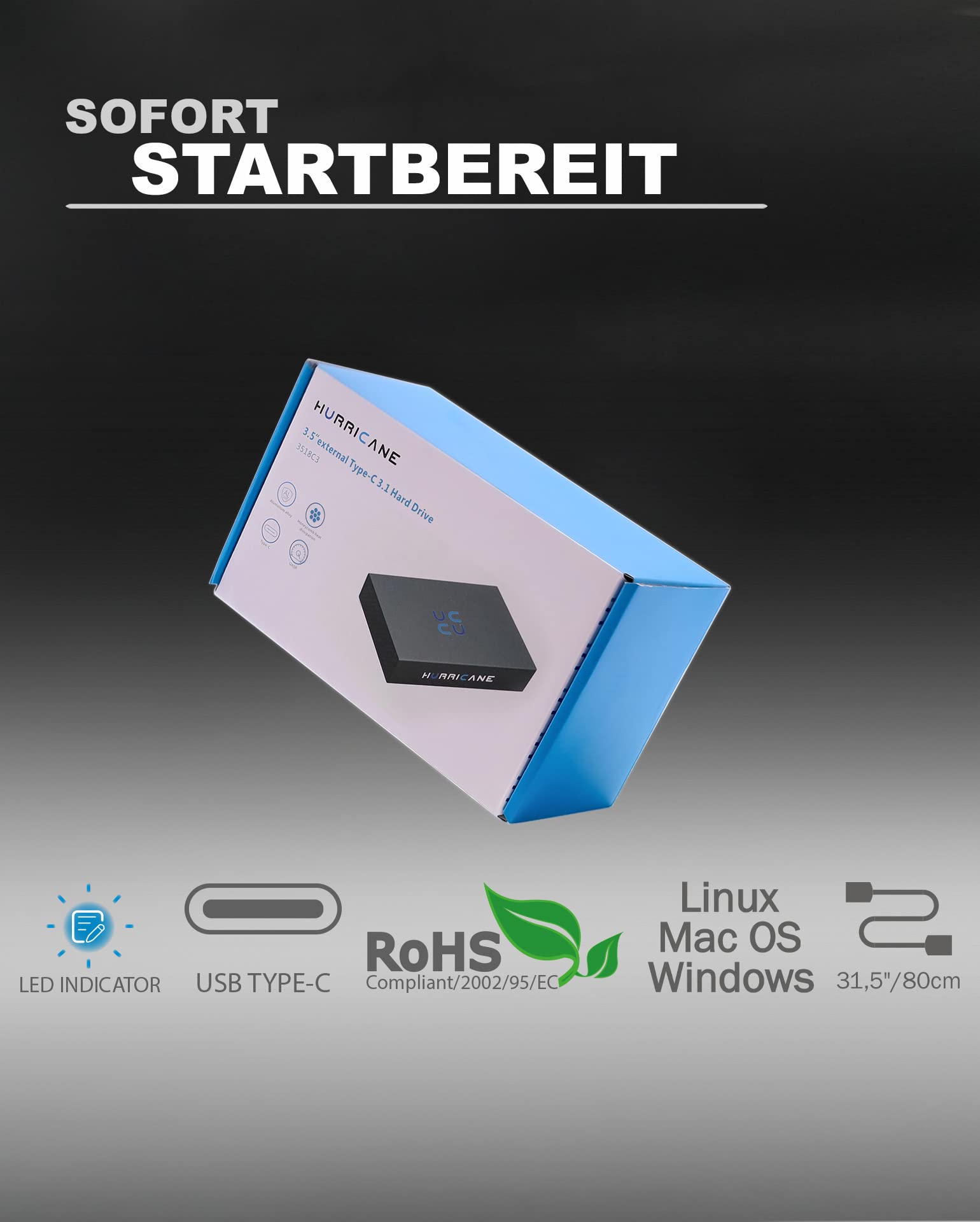 HURRICANE 3518C3 Externe Festplatte 2TB 3,5" USB C HDD extern Backup Desktop Speicher mit Netzteil für PC, smart TV, Ps4, Ps5, Xbox Laptop, kompatibel mit Windows Mac Linux