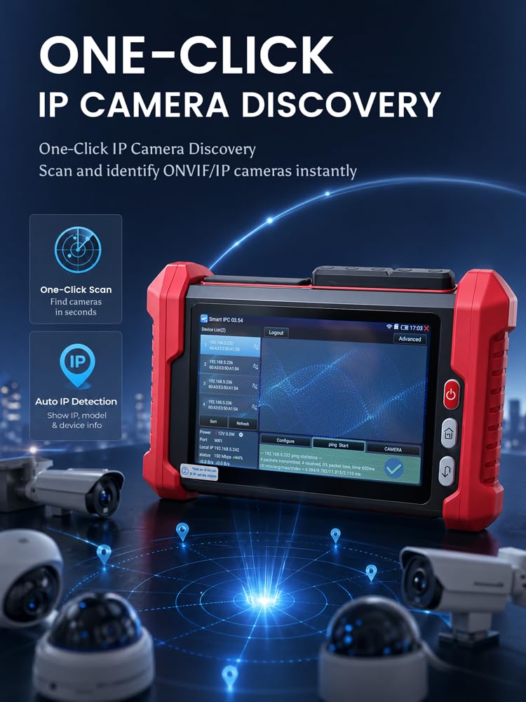NOYAFA CCTV-Tester, 8 Zoll IPS Touchscreen, IP/CVBS/AHD/TVI/CVI Kamera Tester, 4K Video, PoE/12V/24V Ausgang, TDR Kabellängentest, Kabel-Tracker (optional), WiFi, RS485, NF-IPC728