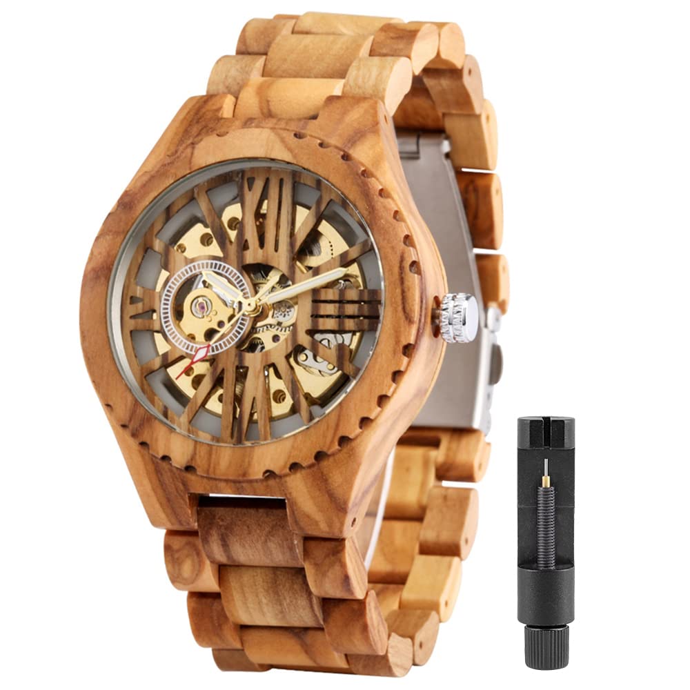 Relojes esqueléticos mecánicos de madera de los hombres de la moda, reloj de correa de madera sin batería para los hombres, relojes mecánicos de madera con esfera de números grandes romanos, M804.