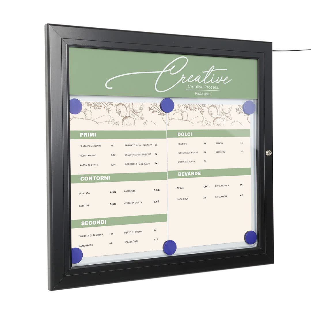 Danieli Store - Tablón de Anuncios Exterior Negro para Menús - Tablón con Cerradura y Par de Llaves - Fácil Montaje en Pared - Superficie de Acero Magnético y Escribible (2x A4 LED)