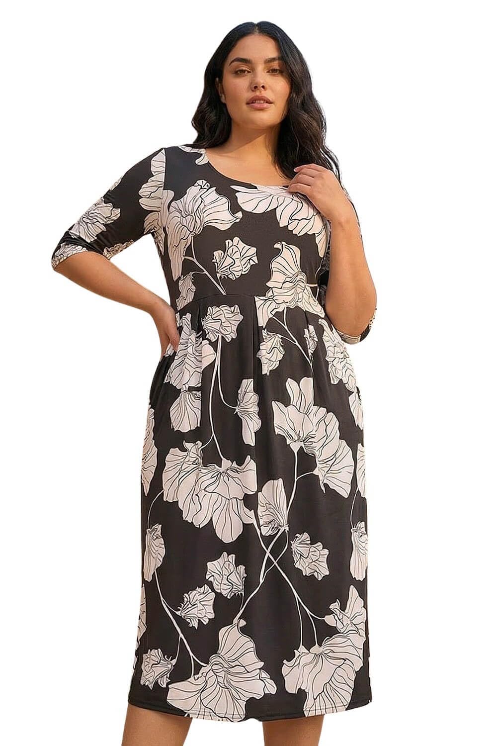 Roman Women's Black Curve Floral Print Pocket Dress In Size 22-24