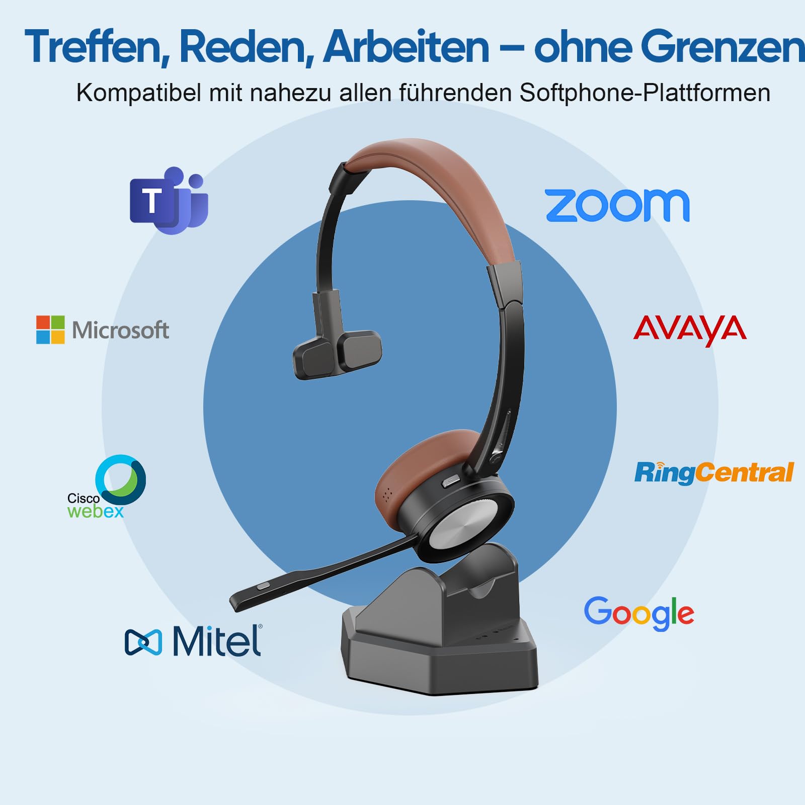 Kabelloses Headset mit Mikrofon, Bluetooth Headset mit Ladestation, Mono Wireless Kabelloses Headphone mit Mikrofon und USB Dongle, Call Center Headphone für Computer Laptop Teams Büro Zoom