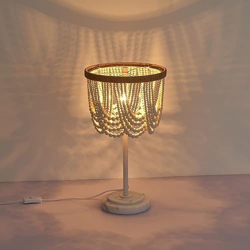 Miniatura 9 de VILUXY Lámpara de mesa bohemia con cuentas de madera, mesita de noche rústica antigua, acabado blanco para dormitorio, guardería, habitación de