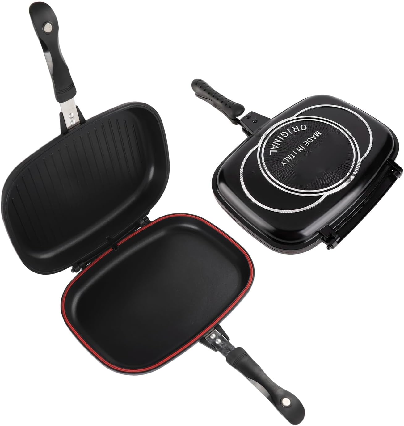 Dioche Double Pan Double Grill Pan - Sided Portable Frying with AntiBurn Handle - 32cm NonStick Kitchen Supplies for Easy Cooking