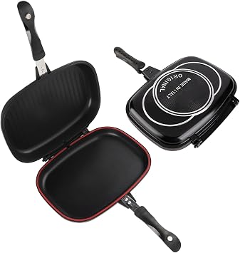 Dioche Double Pan Double Grill Pan - Sided Portable Frying with AntiBurn Handle - 32cm NonStick Kitchen Supplies for Easy Cooking